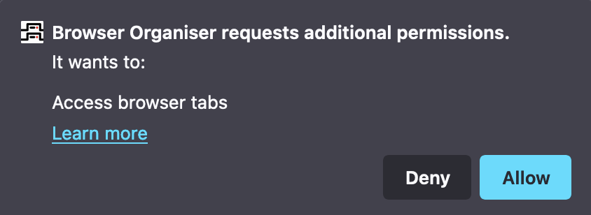 A screenshot of the browser asking the user whether they want to give the extension additional permissions