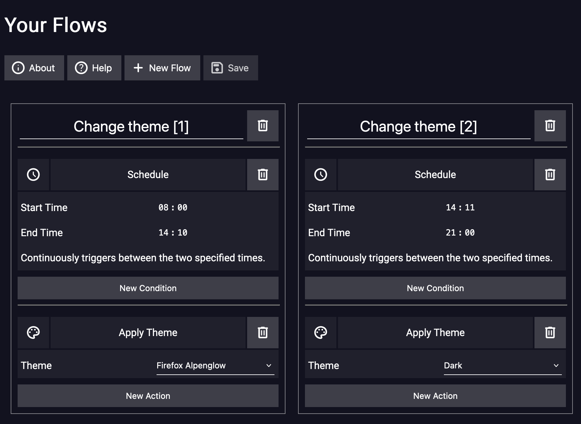 A screenshot showing the browser's theme being changed based on a schedule