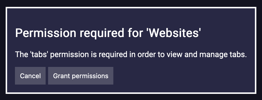 A screenshot displaying a message requesting permission to access browser tabs